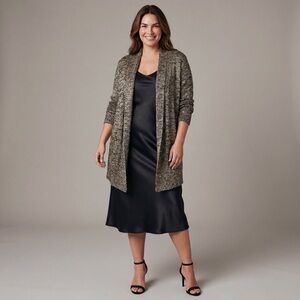 Vintage Jaclyn Smith Plus Size Black Gold Sequin Open Cardigan Casual chic glam